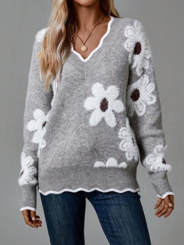 Sylvie | Elegante V-Hals Bloemen Trui