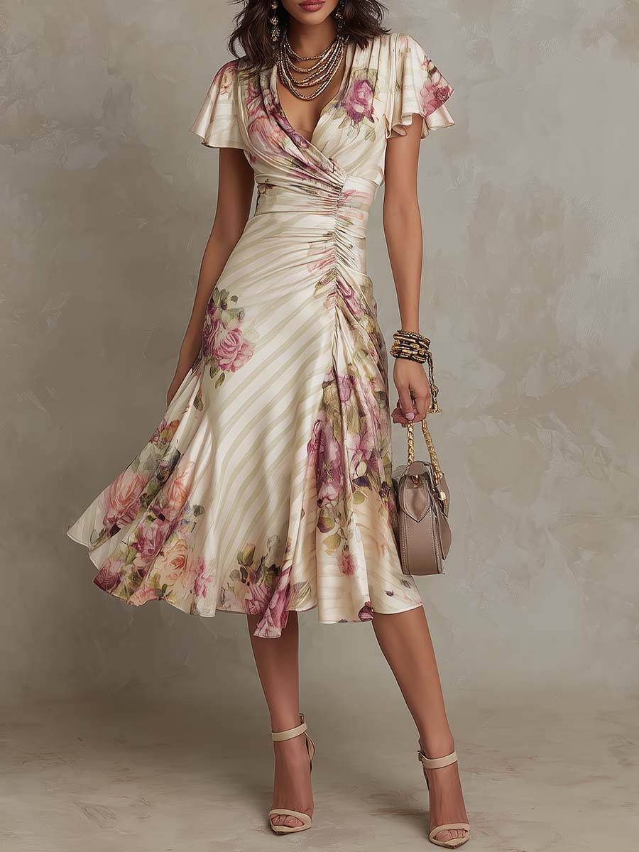 Albas | Elegante retro satijnen midi-jurk met bloemenprint