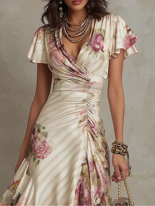 Albas | Elegante retro satijnen midi-jurk met bloemenprint