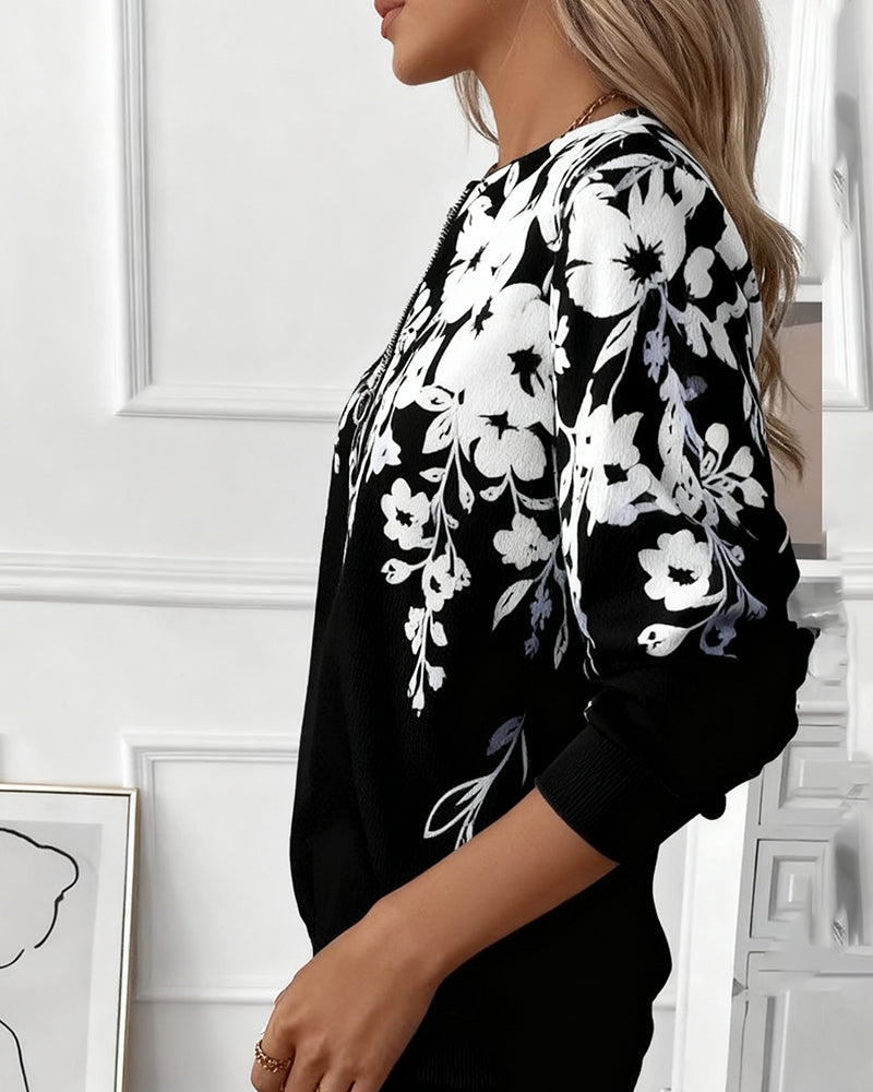 Bedrukt sweatshirt met halve rits en kraag 1