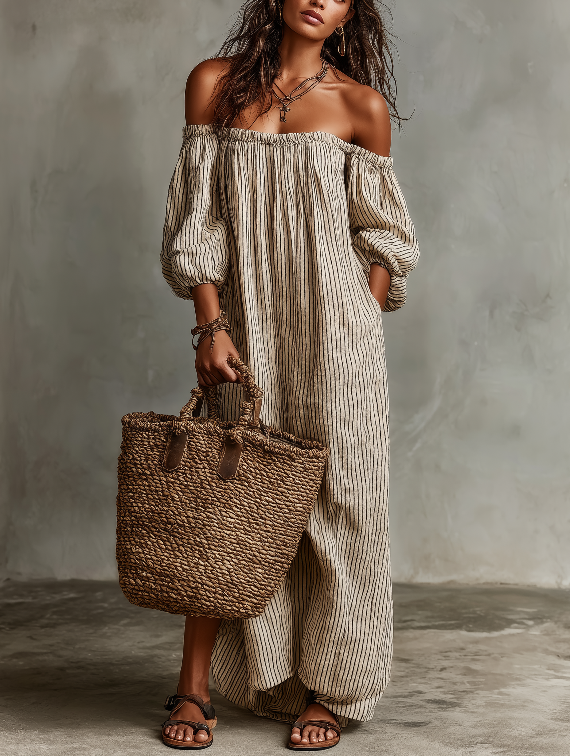 Carme | Lange jurk van katoen en linnen met een off-the-shoulder design