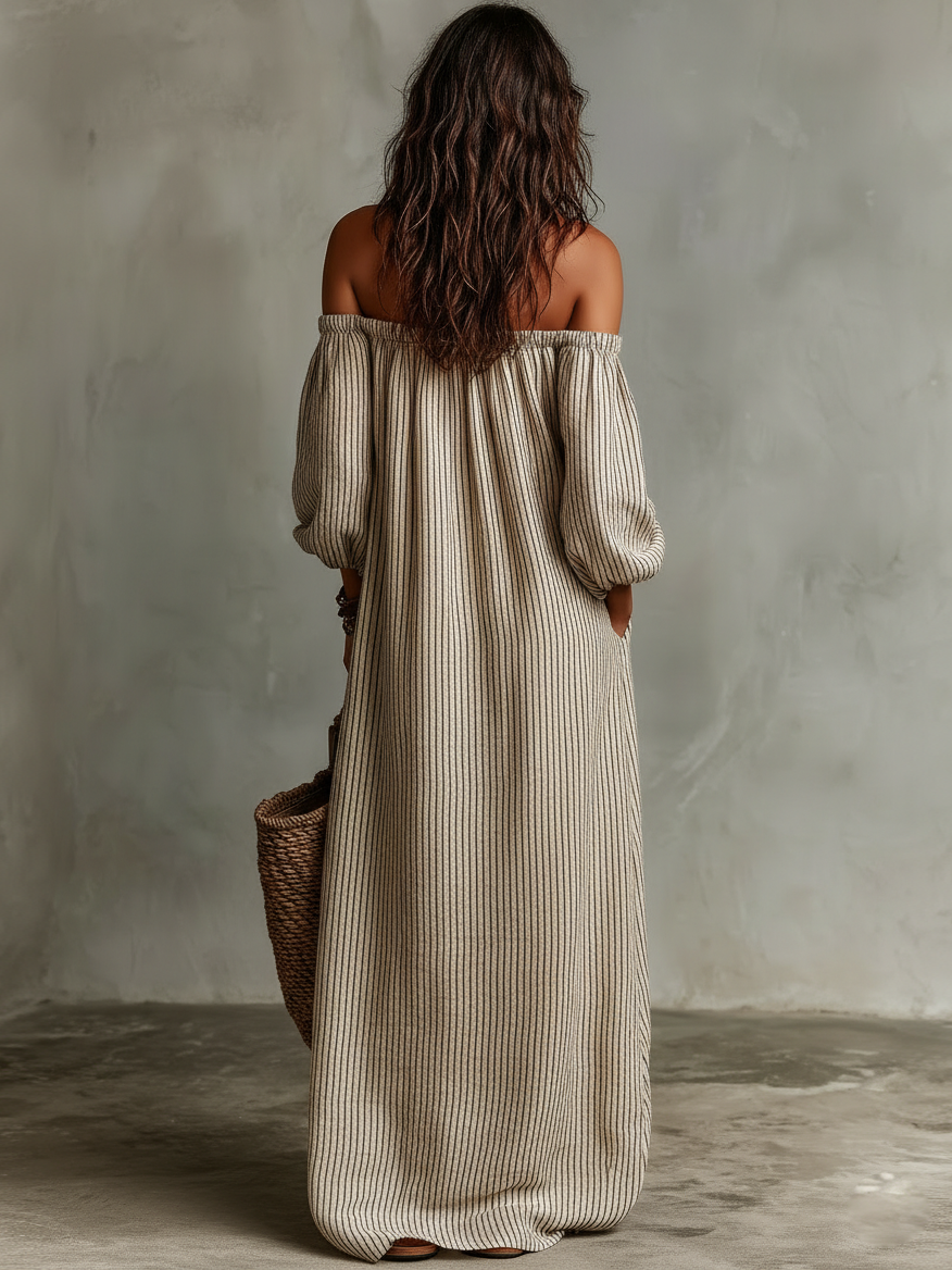 Carme | Lange jurk van katoen en linnen met een off-the-shoulder design
