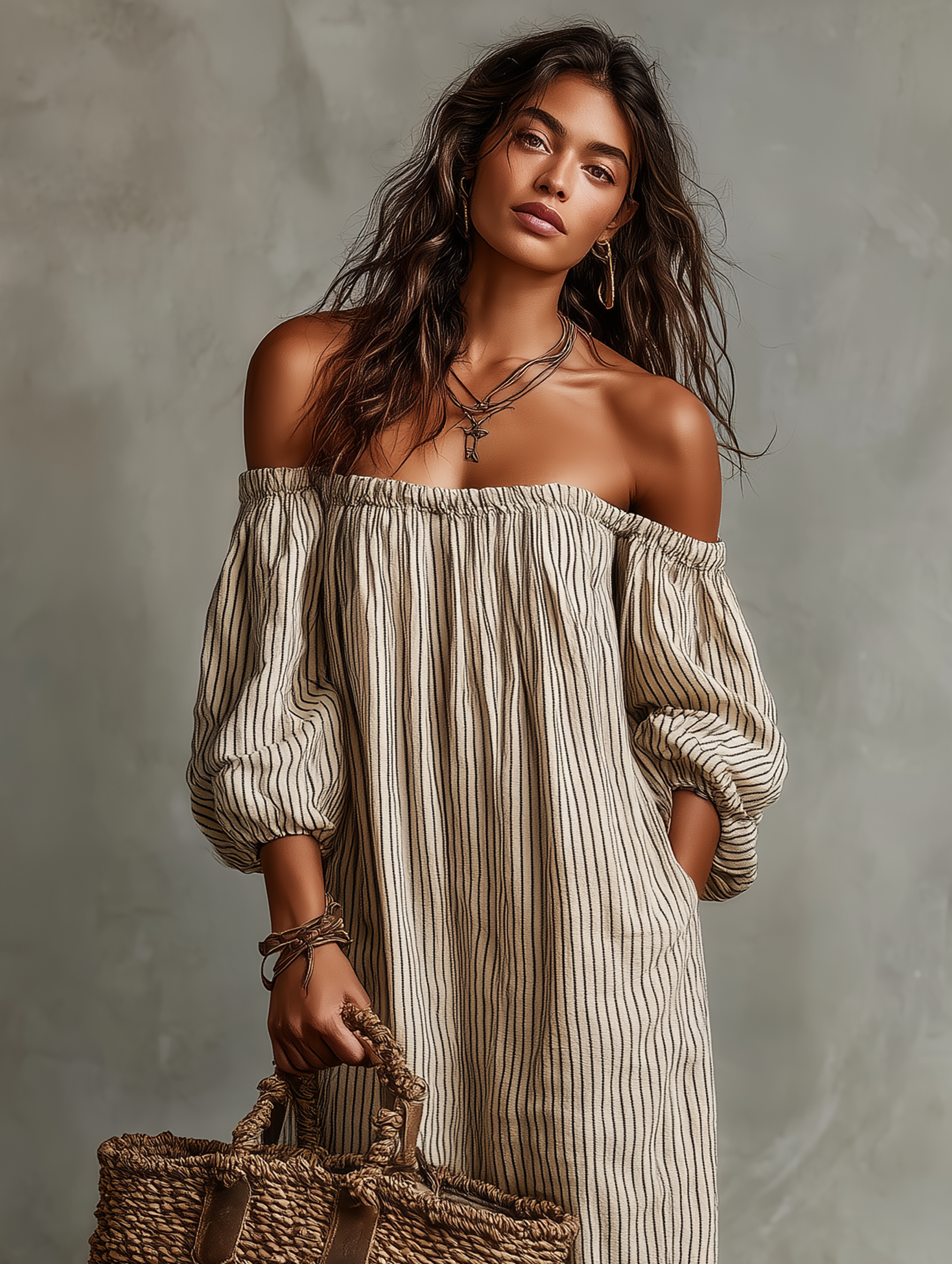 Carme | Lange jurk van katoen en linnen met een off-the-shoulder design