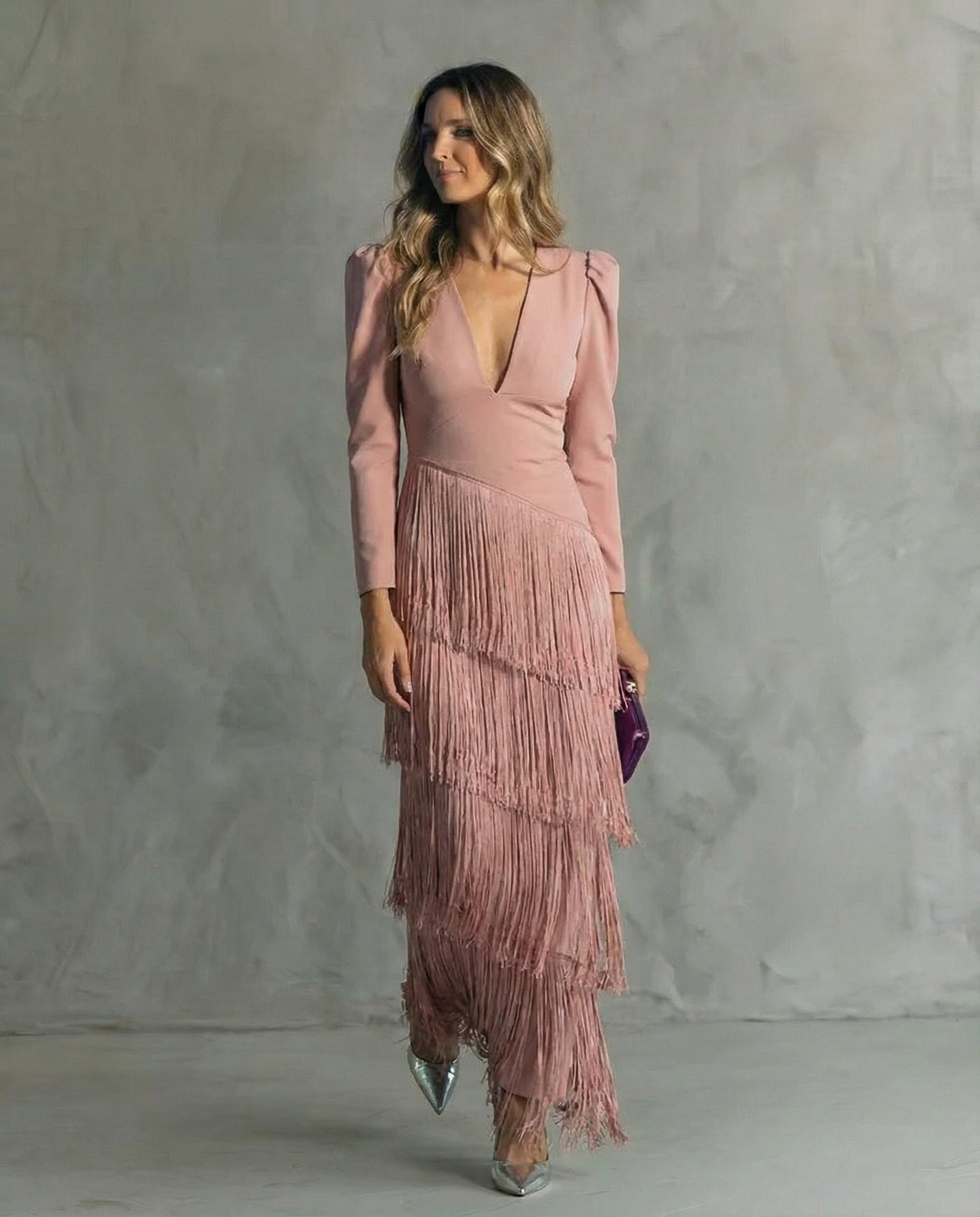 Clara | Elegante jurk met mouwen met franjes