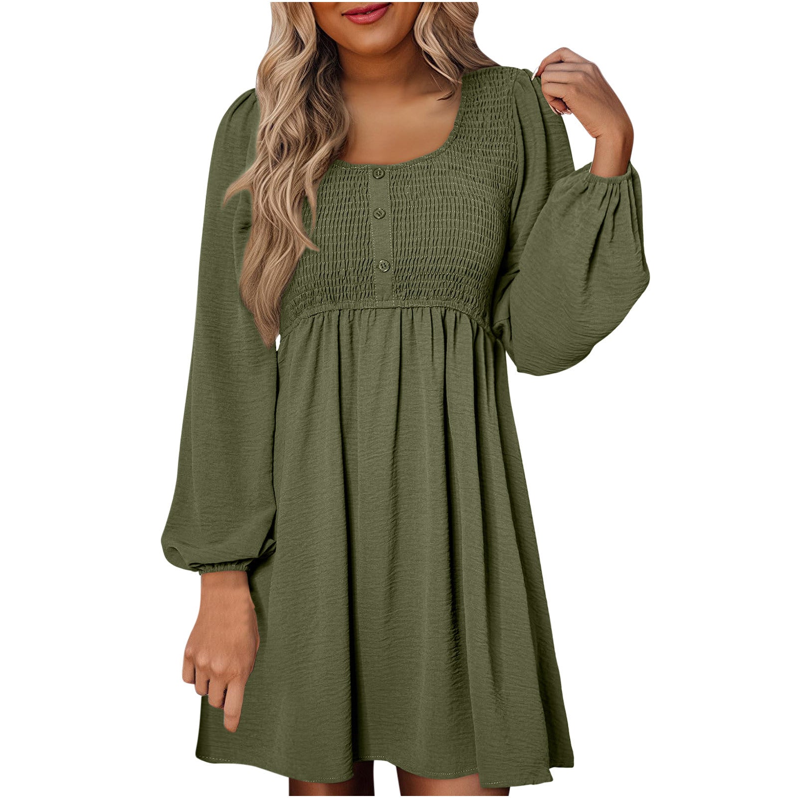 HARPER™ - Casual gesmokte A-lijn jurk met Empire-taille en knoopdetail 0