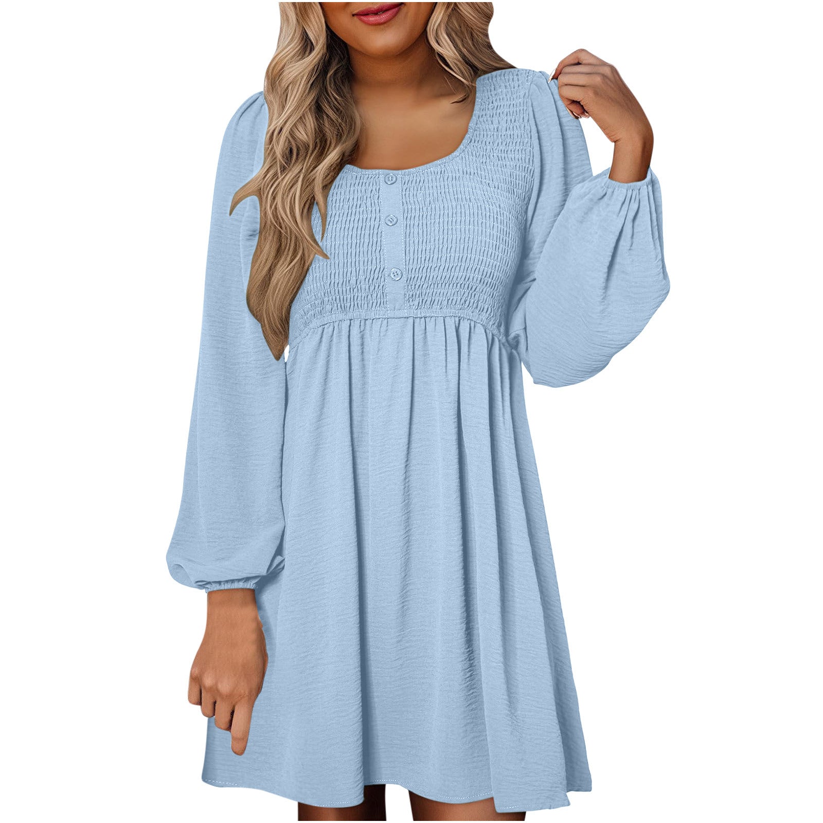 HARPER™ - Casual gesmokte A-lijn jurk met Empire-taille en knoopdetail 2
