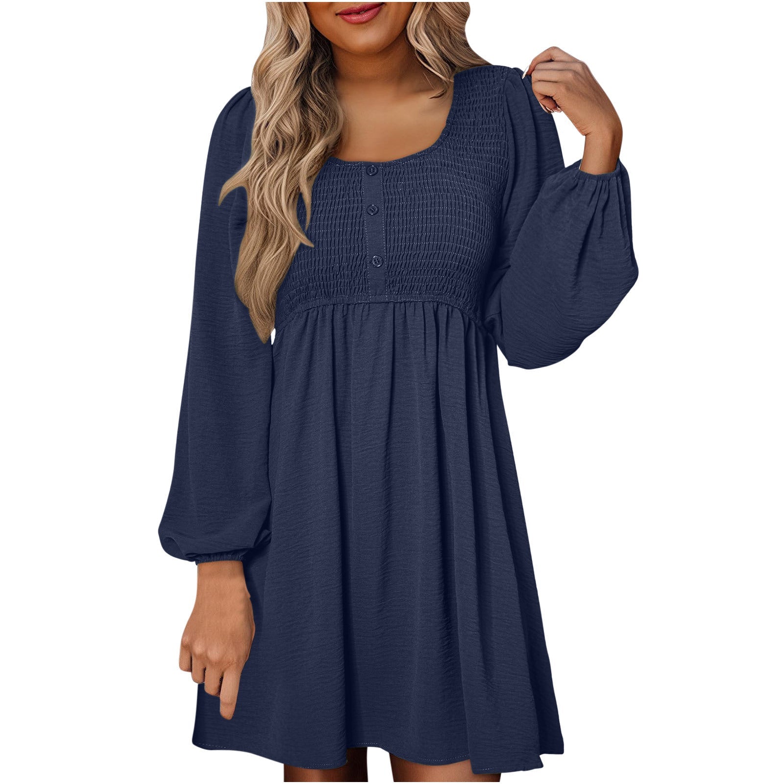 HARPER™ - Casual gesmokte A-lijn jurk met Empire-taille en knoopdetail 5