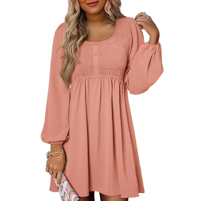 HARPER™ - Casual gesmokte A-lijn jurk met Empire-taille en knoopdetail 6