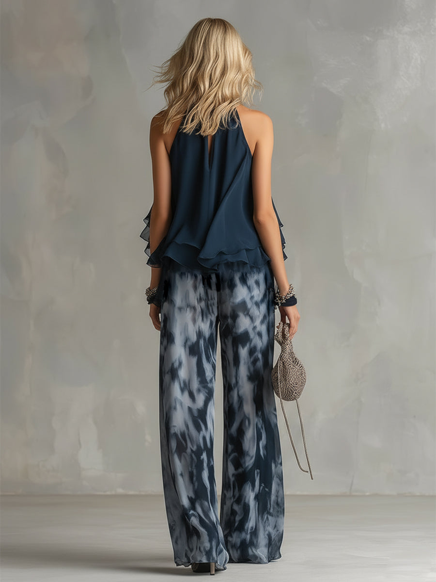 Ludovica | Elegant in chiffon top met hoge hals en wijde broek met print