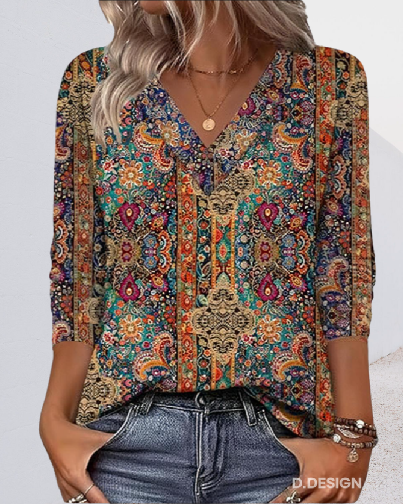 Marjanka | Retro Gedrukte Blouse V-Hals