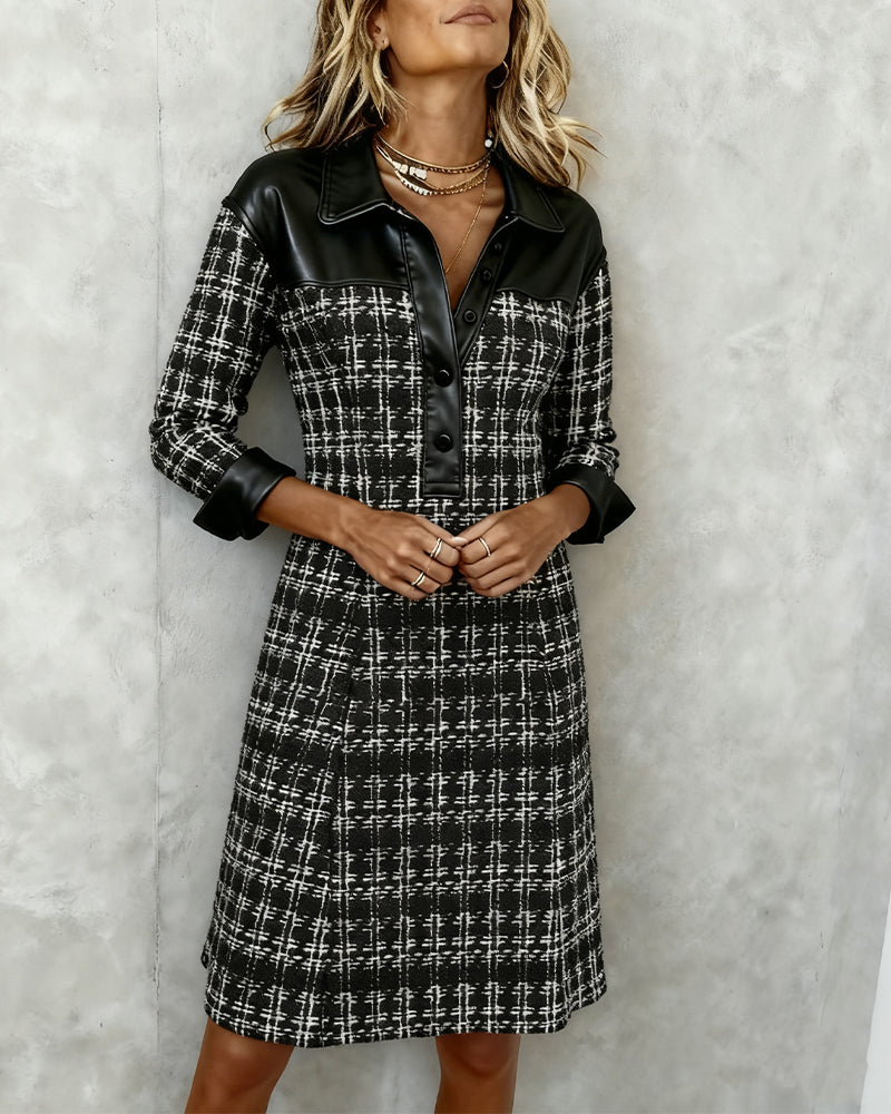 Leonie | Elegante ruitjurk met leather-look detail