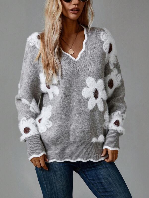 Sylvie | Elegante V-Hals Bloemen Trui