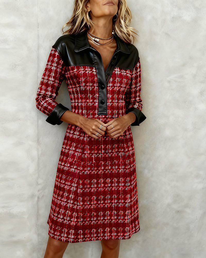 Leonie | Elegante ruitjurk met leather-look detail