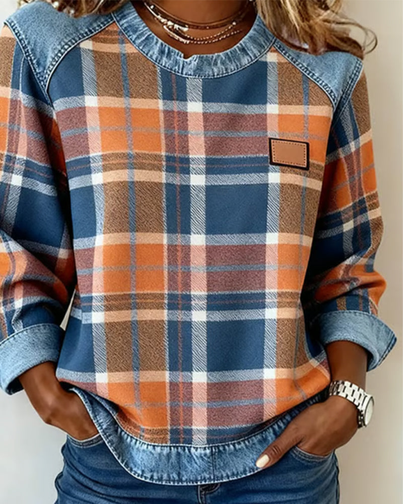 Anika | Casual trui met ronde hals en denim patchwork