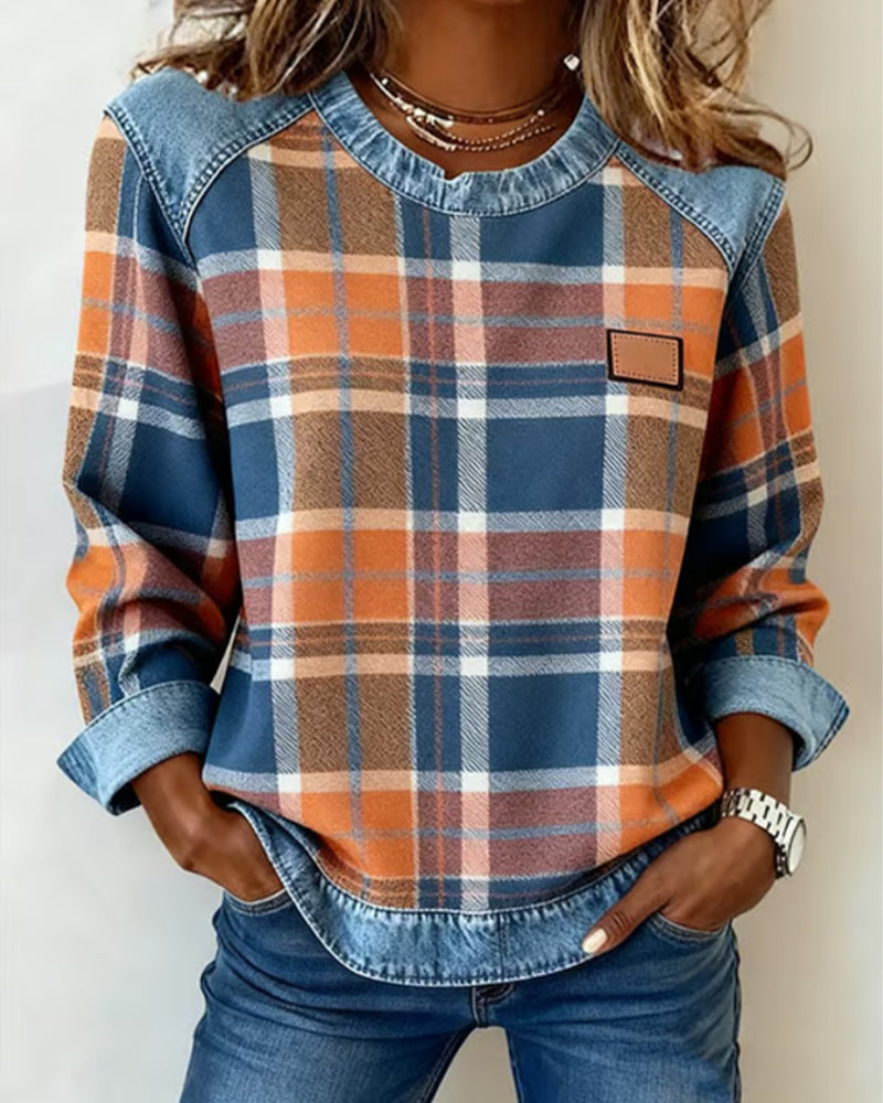 Anika | Casual trui met ronde hals en denim patchwork