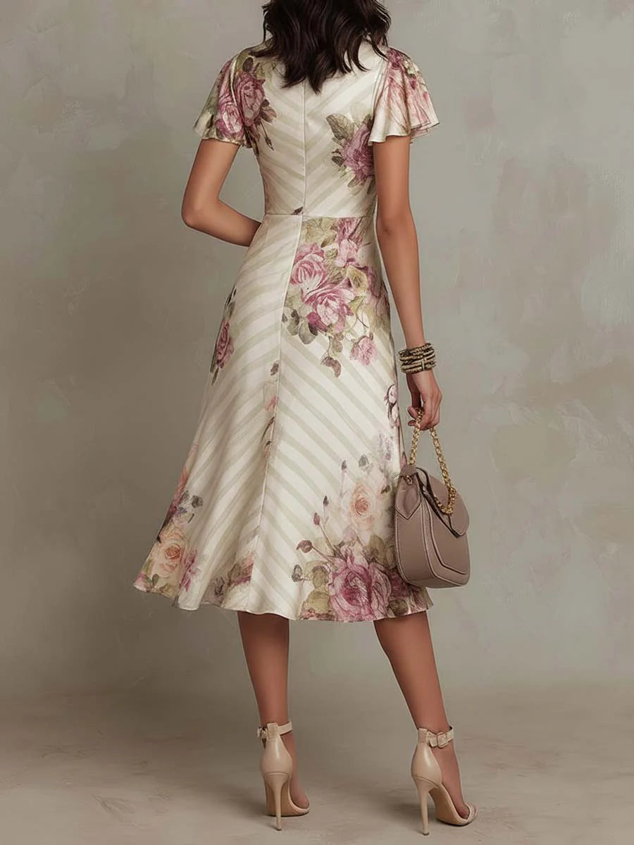 Albas | Elegante retro satijnen midi-jurk met bloemenprint
