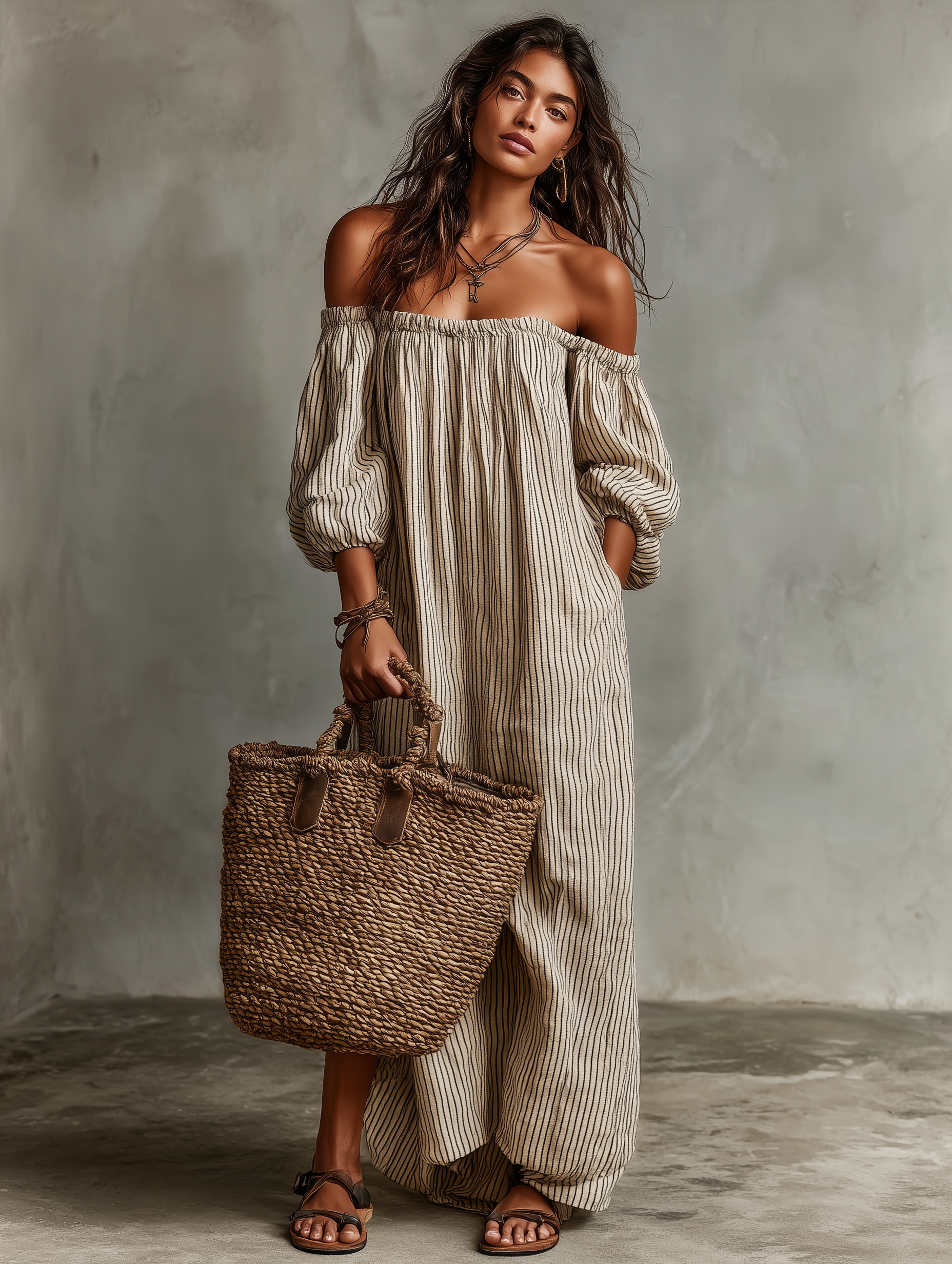 Carme | Lange jurk van katoen en linnen met een off-the-shoulder design