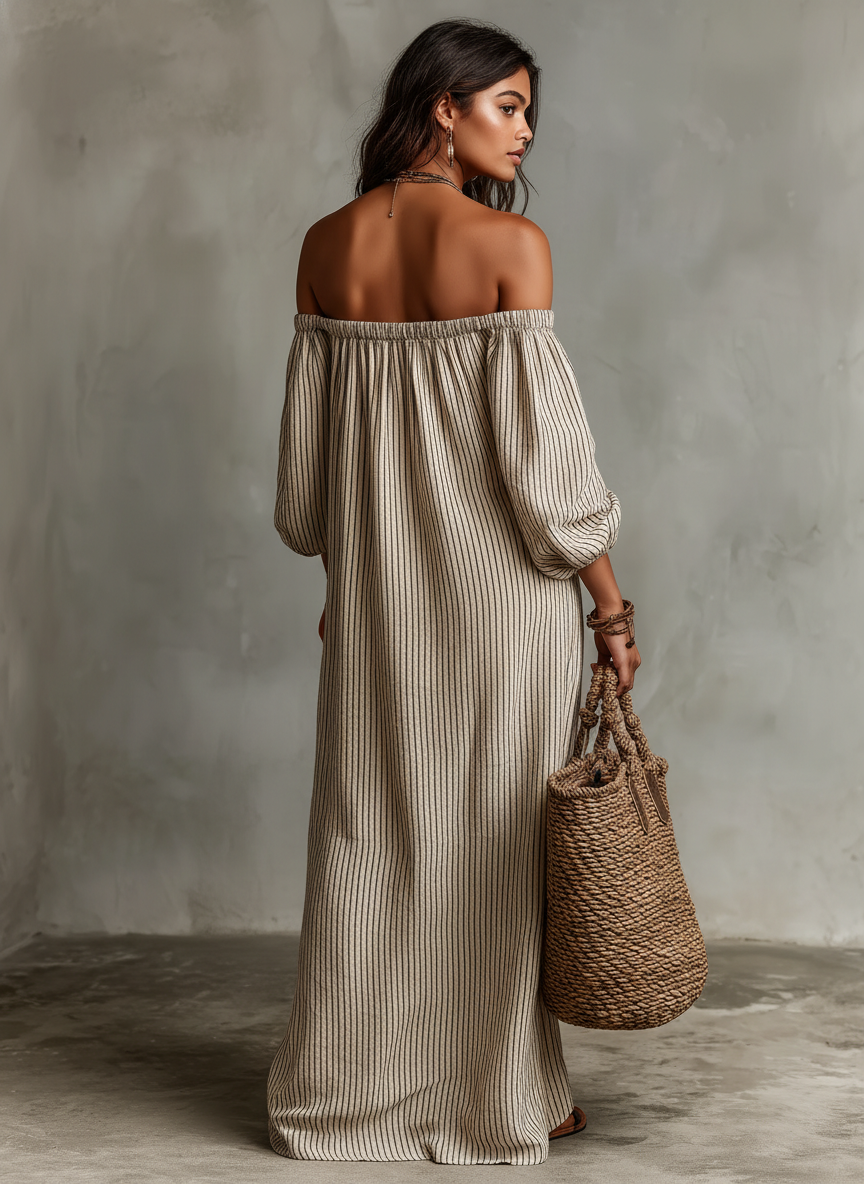 Carme | Lange jurk van katoen en linnen met een off-the-shoulder design