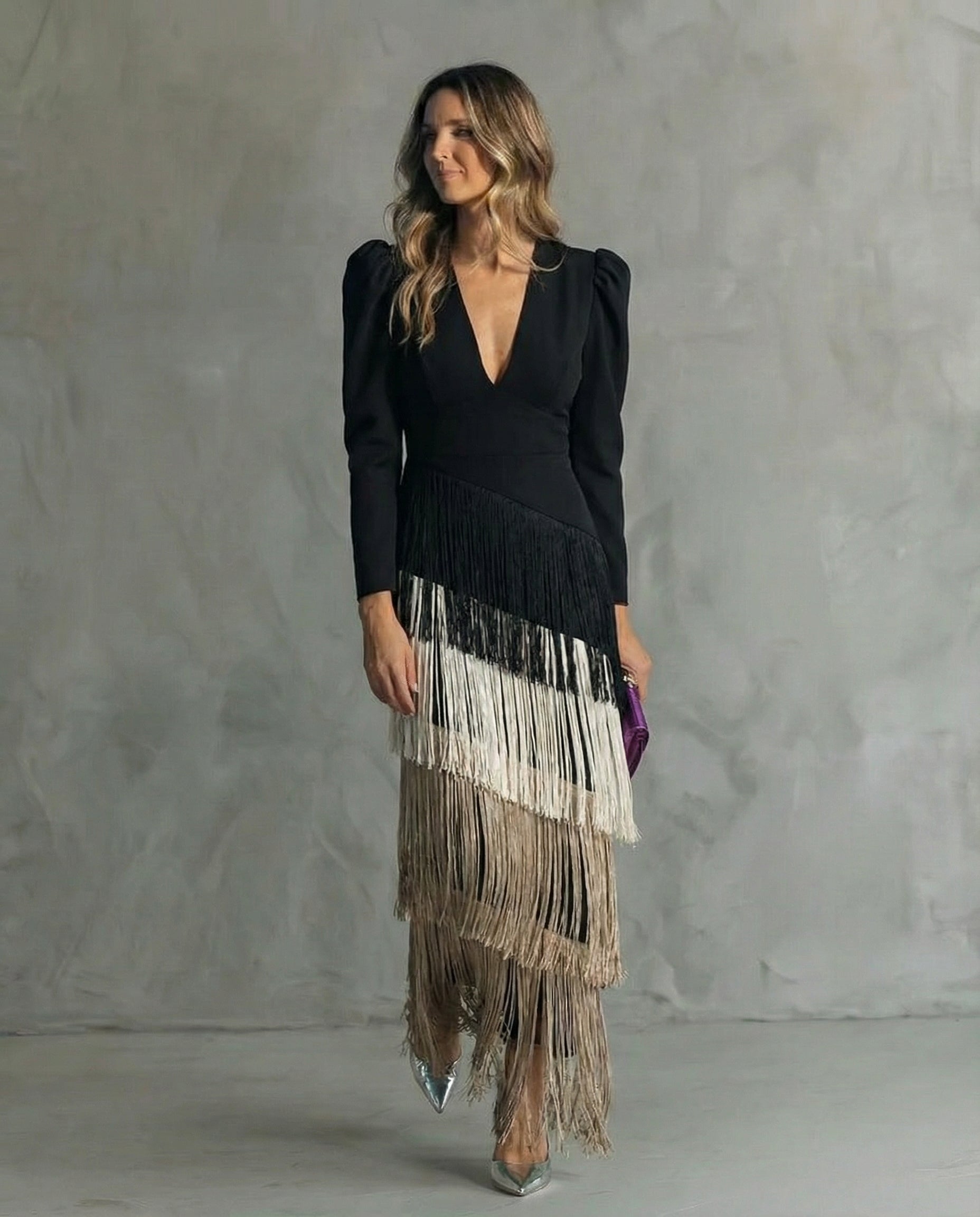Clara | Elegante jurk met mouwen met franjes