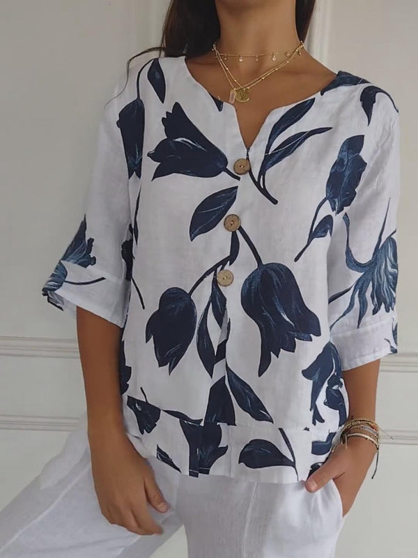 Despoina | Elegante top met bloemenprint en knoopjes