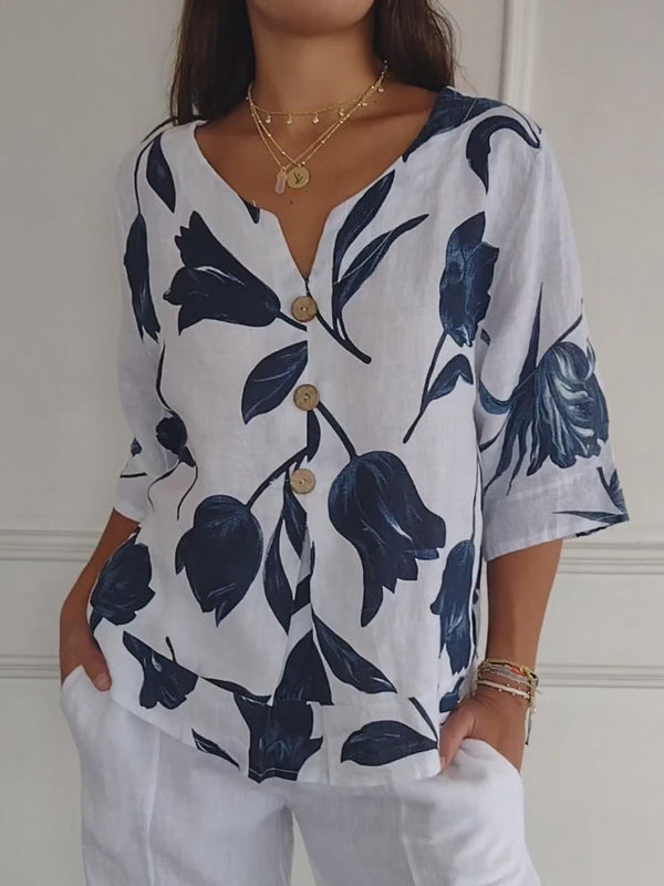 Despoina | Elegante top met bloemenprint en knoopjes