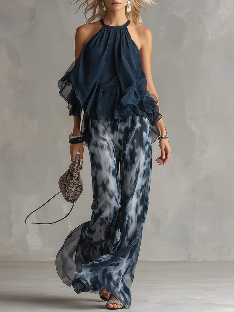 Elea | Elegante top met zwierige lijnen en wijde broek set