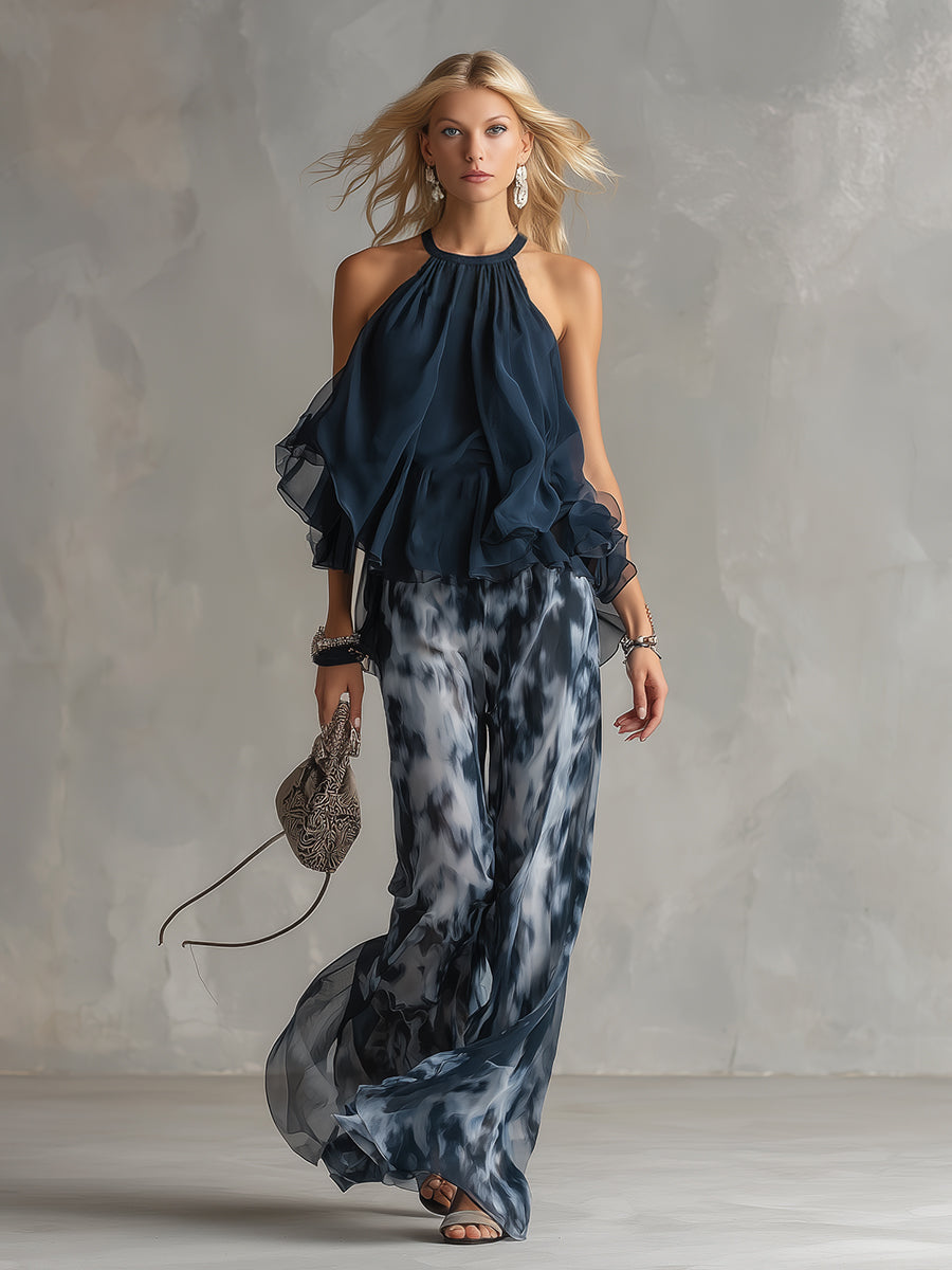 Elea | Elegante top met zwierige lijnen en wijde broek set