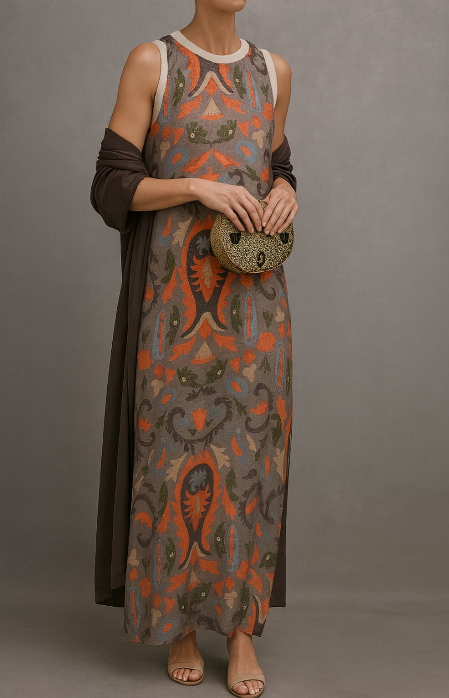 Elina | Maxi-jurk met print en vestje
