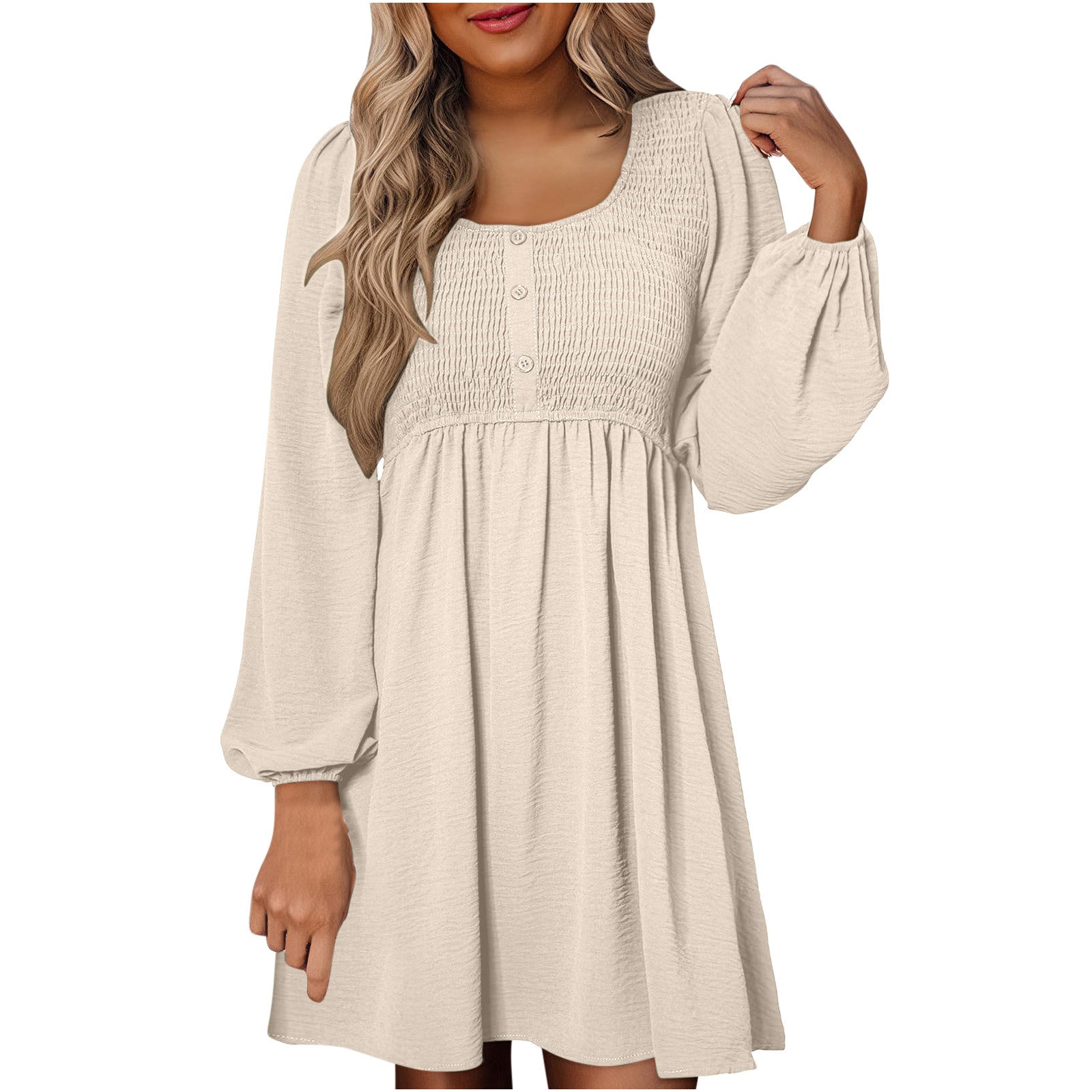 HARPER™ - Casual gesmokte A-lijn jurk met Empire-taille en knoopdetail 1