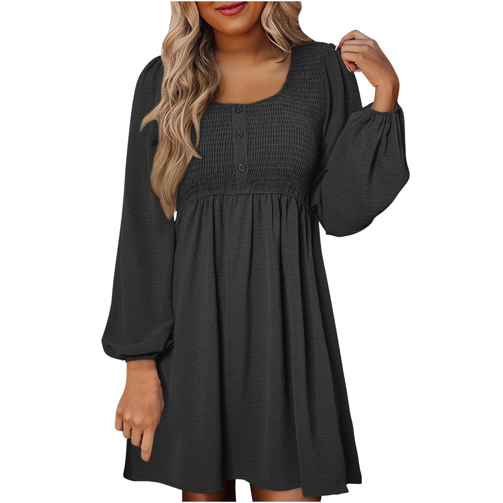HARPER™ - Casual gesmokte A-lijn jurk met Empire-taille en knoopdetail 3