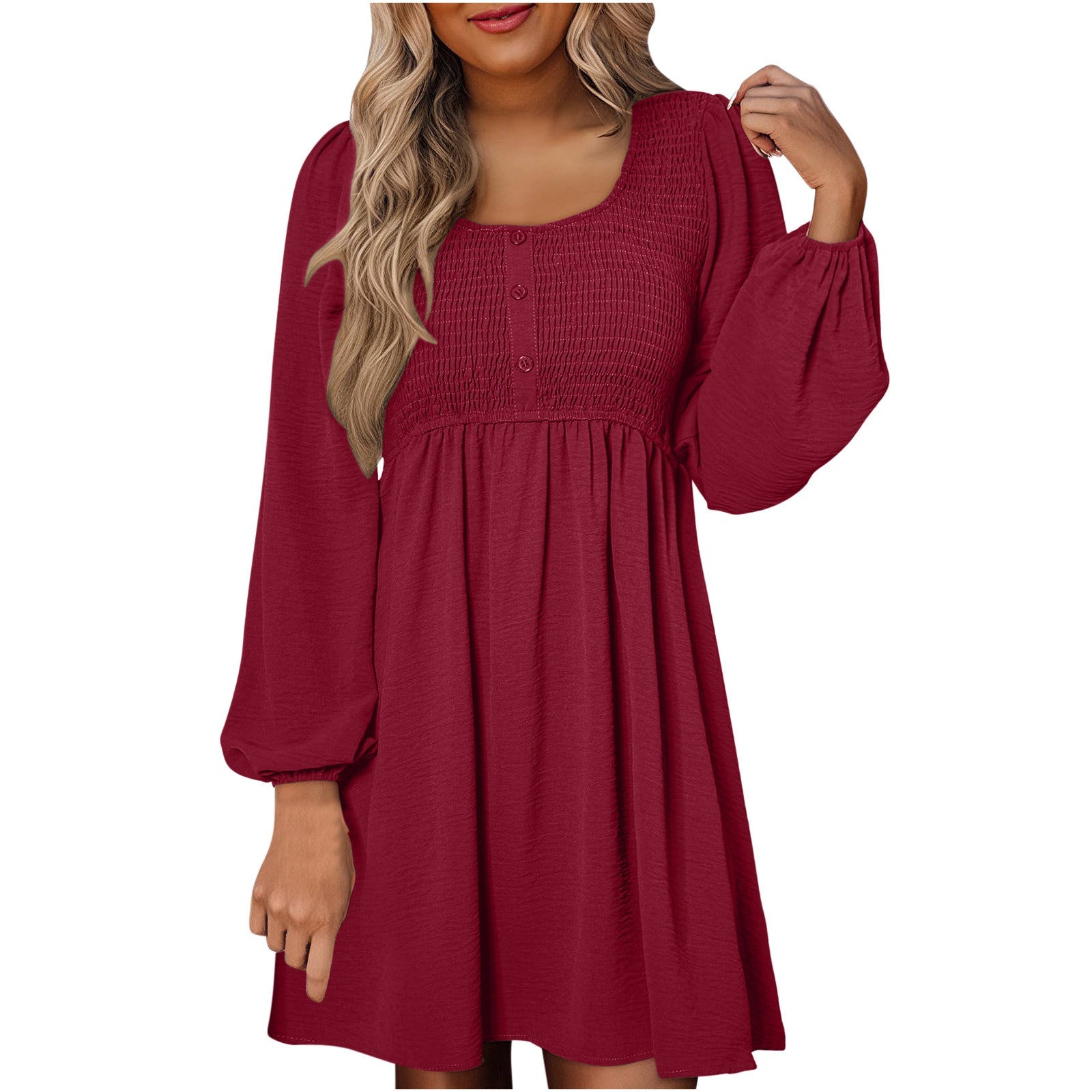 HARPER™ - Casual gesmokte A-lijn jurk met Empire-taille en knoopdetail 4