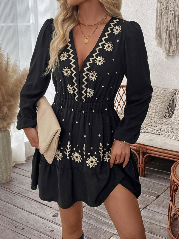 LOTTIE™ - Elegante geborduurde casual jurk met lange mouwen 0