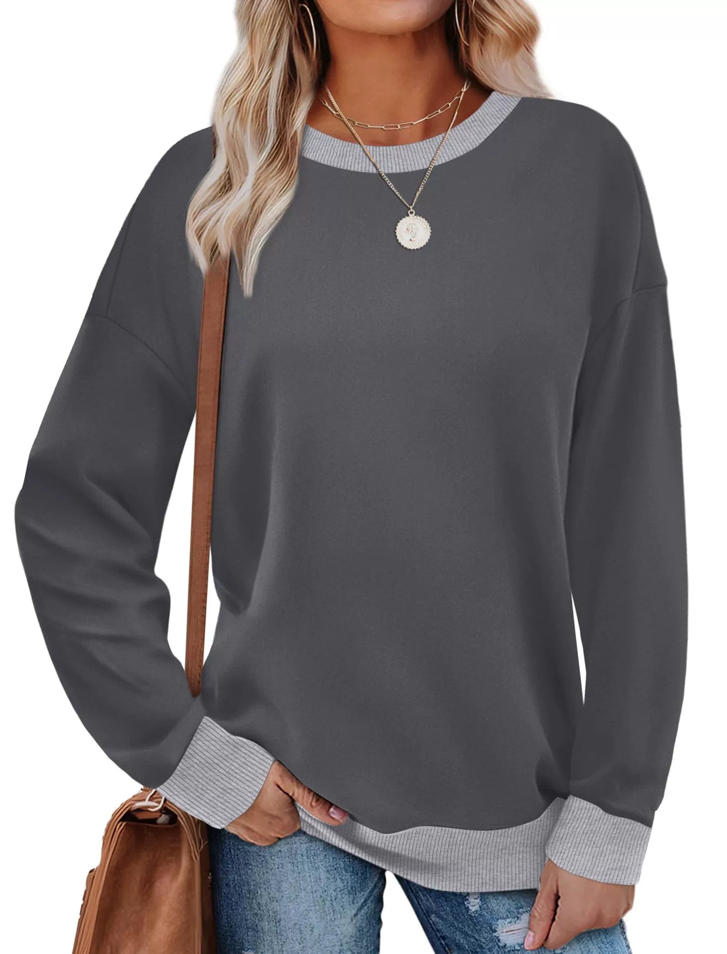 MARGARET™ - Sweatshirt met ronde hals en lange mouwen en contrasterende bies 5