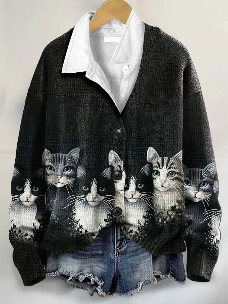 Lien | Gebreide blouse met kattenprint